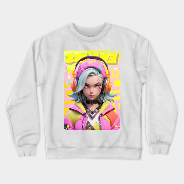 HEADPHONE GAL 9K - NEOTOKIO3 100%ドPE / DOPE | Anime Manga Otaku Culture Pop Art 3D | PROUD OTAKU Crewneck Sweatshirt by PROUD OTAKU